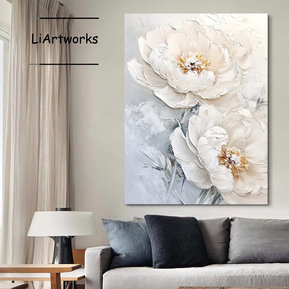 3d Beige White Flower Oil Painting On Original Textured Floral Painting Blooming Floral Wall Art Beige White Knife Flower Painting - Image 3