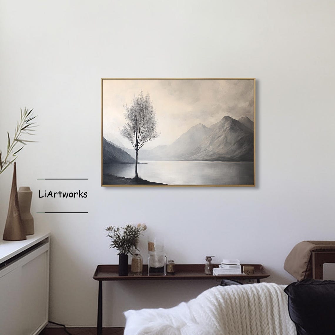 Gray Tone Lone Tree by a Still Lake With Misty Mountains Beyond Poster - Image 4
