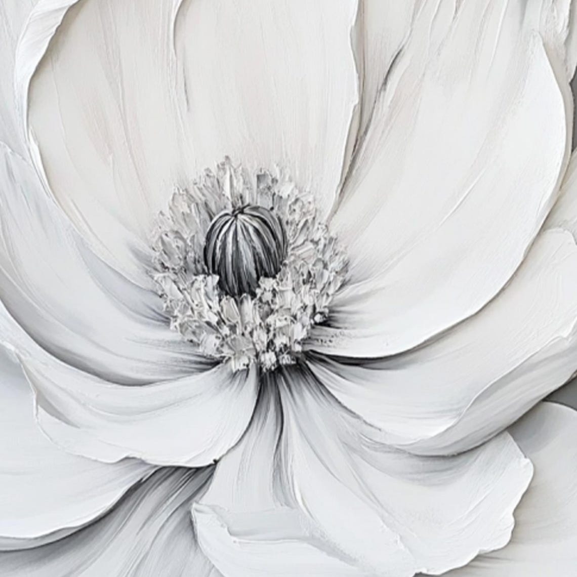 White Flower Close Up Gray Textured Impasto Floral Art Poster - Image 2
