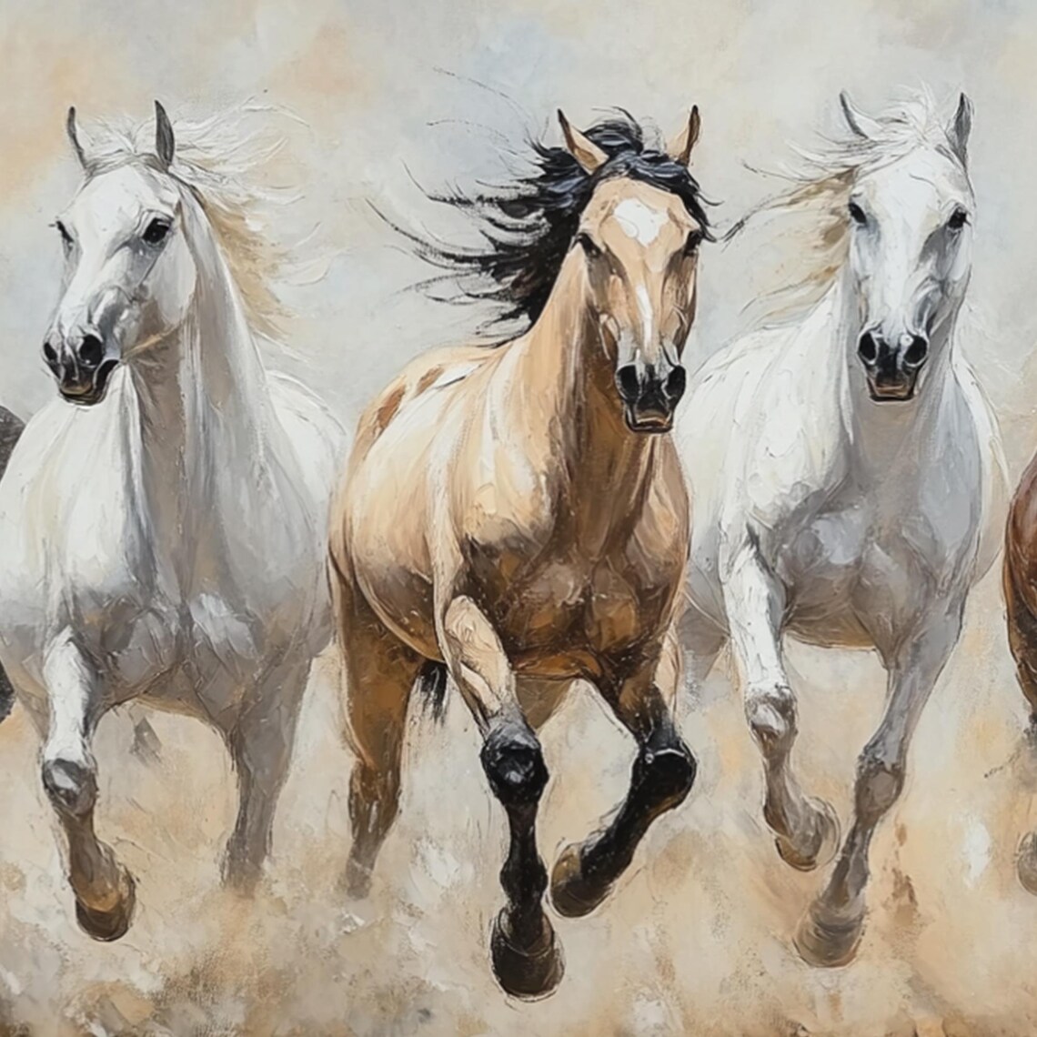 Five Wild Horses Galloping Oil Painting Dynamic Animal Art Poster - Image 2