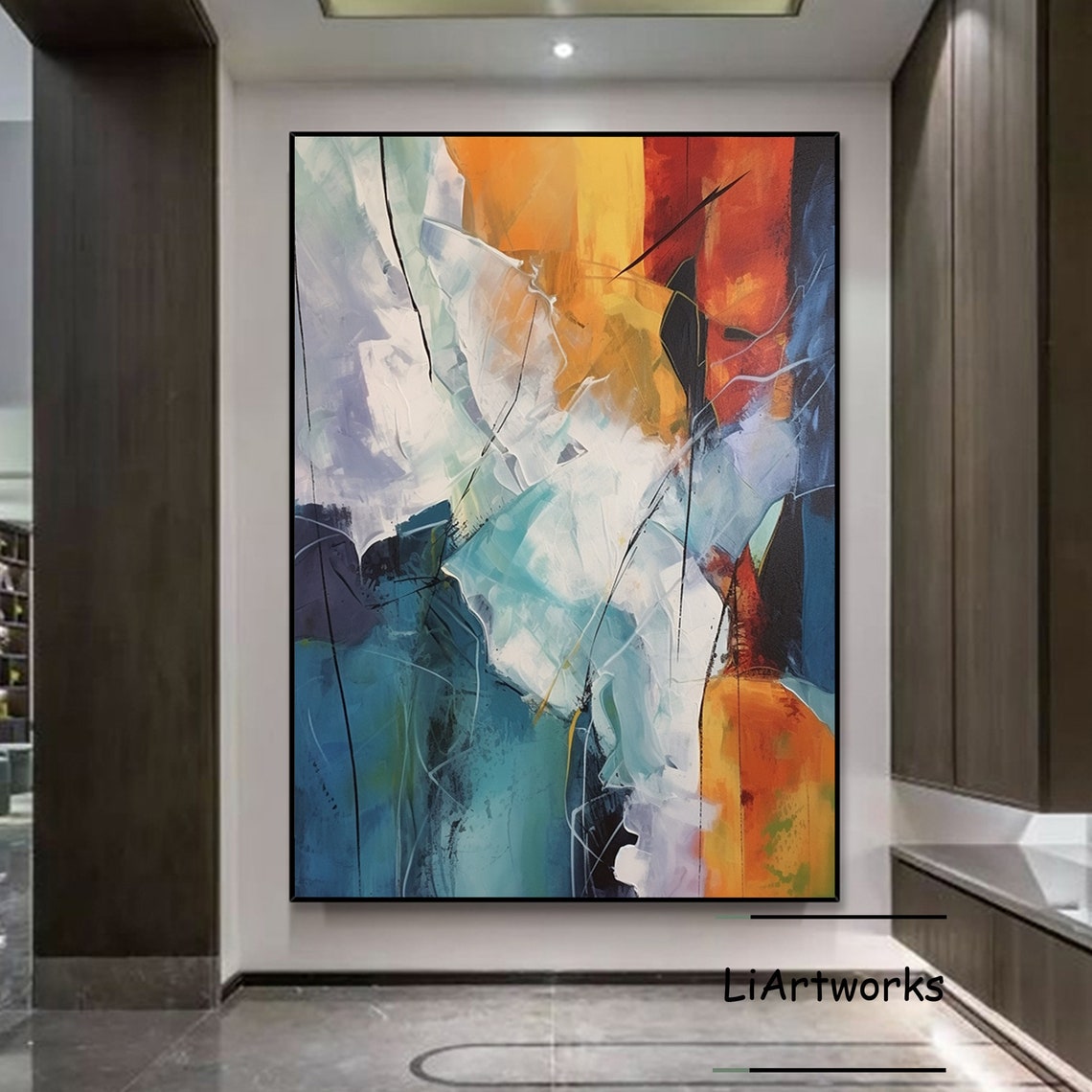 Blue White Orange Flowing Brushstroke Abstract Energy Poster - Image 4
