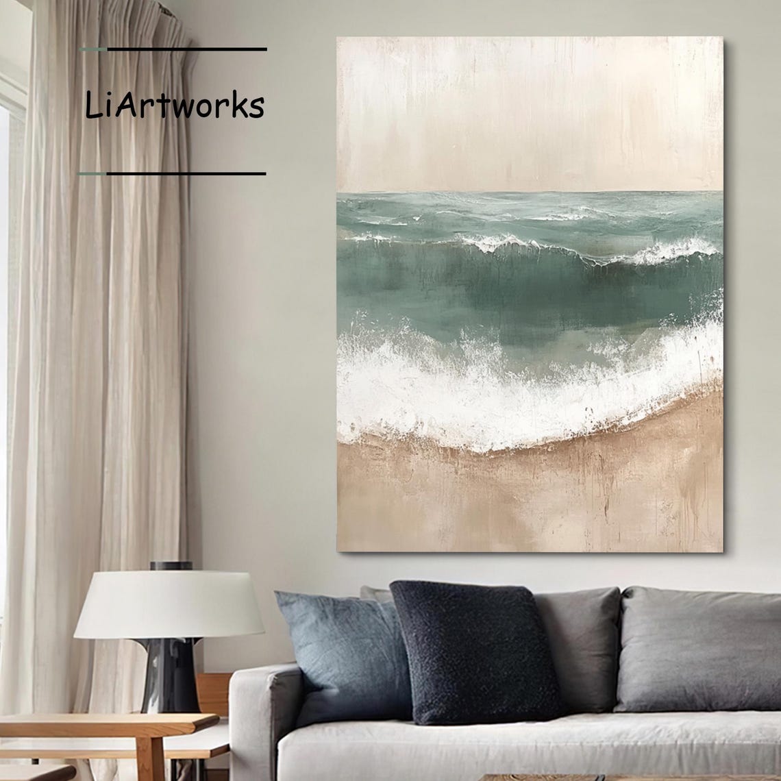 Emerald Ocean Waves On Beige Sand Minimalist Coastal Art Poster - Image 3