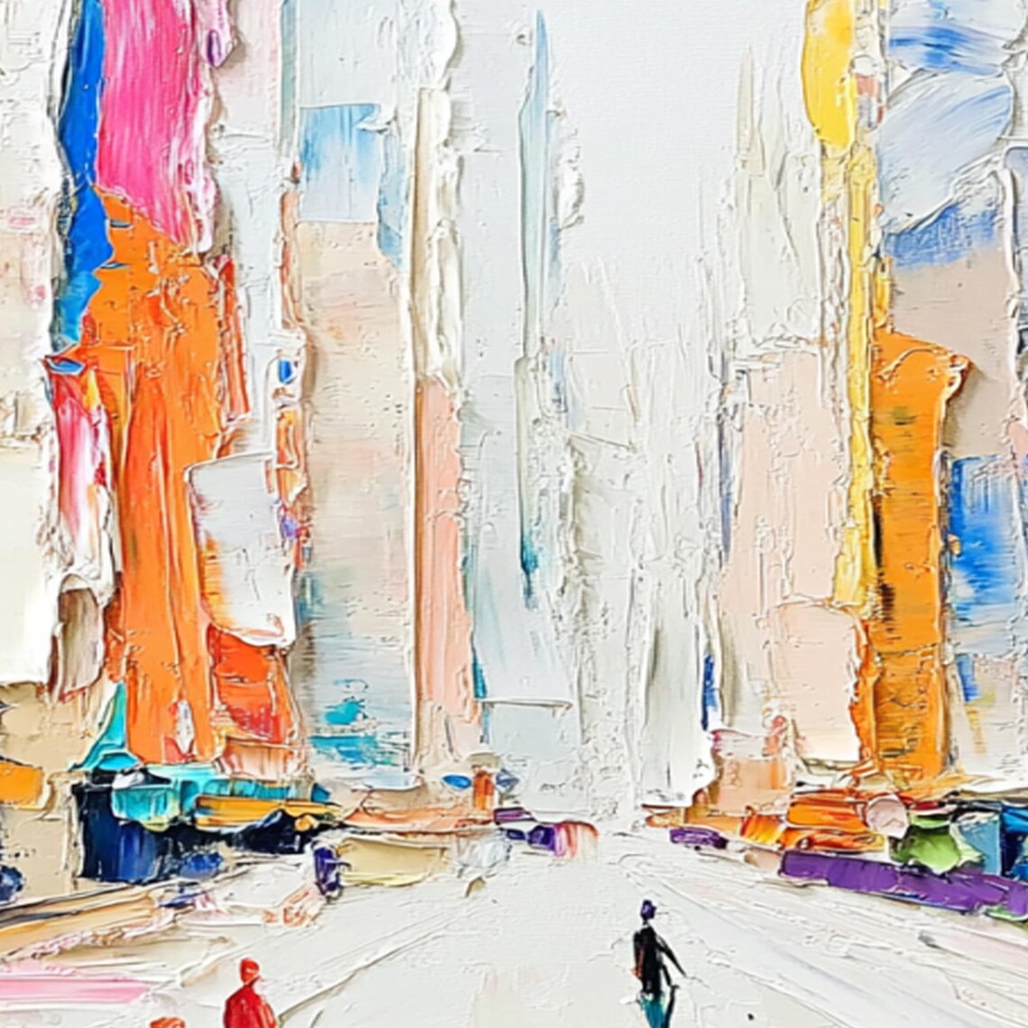 Colorful Impasto City Street With Tiny Figures and Wet Pavement Poster - Image 2