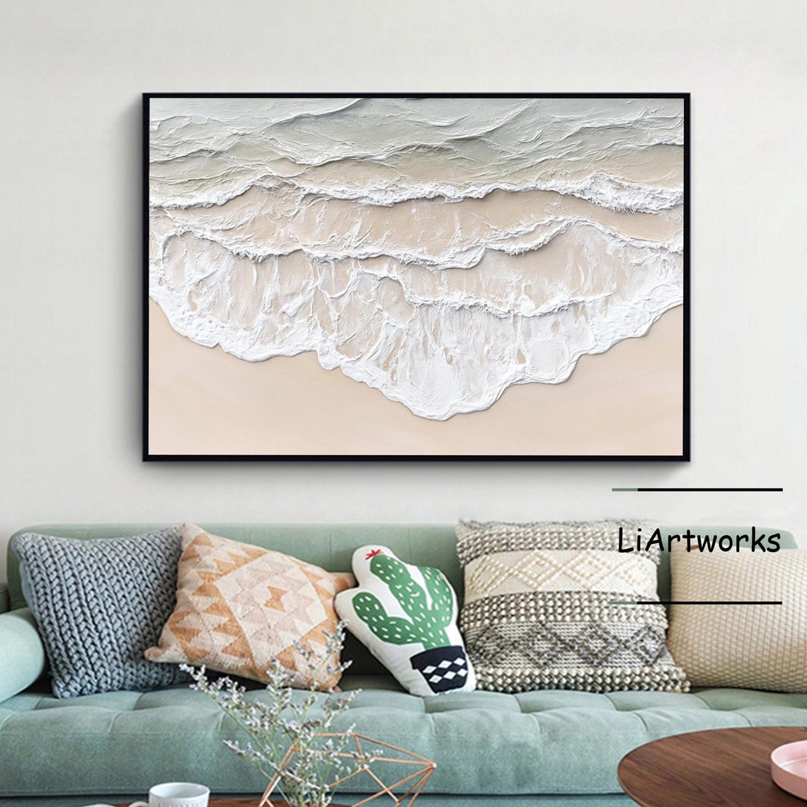 Top Down View of Foamy Surf Rolling Over Gray Green Shallows Poster - Image 3