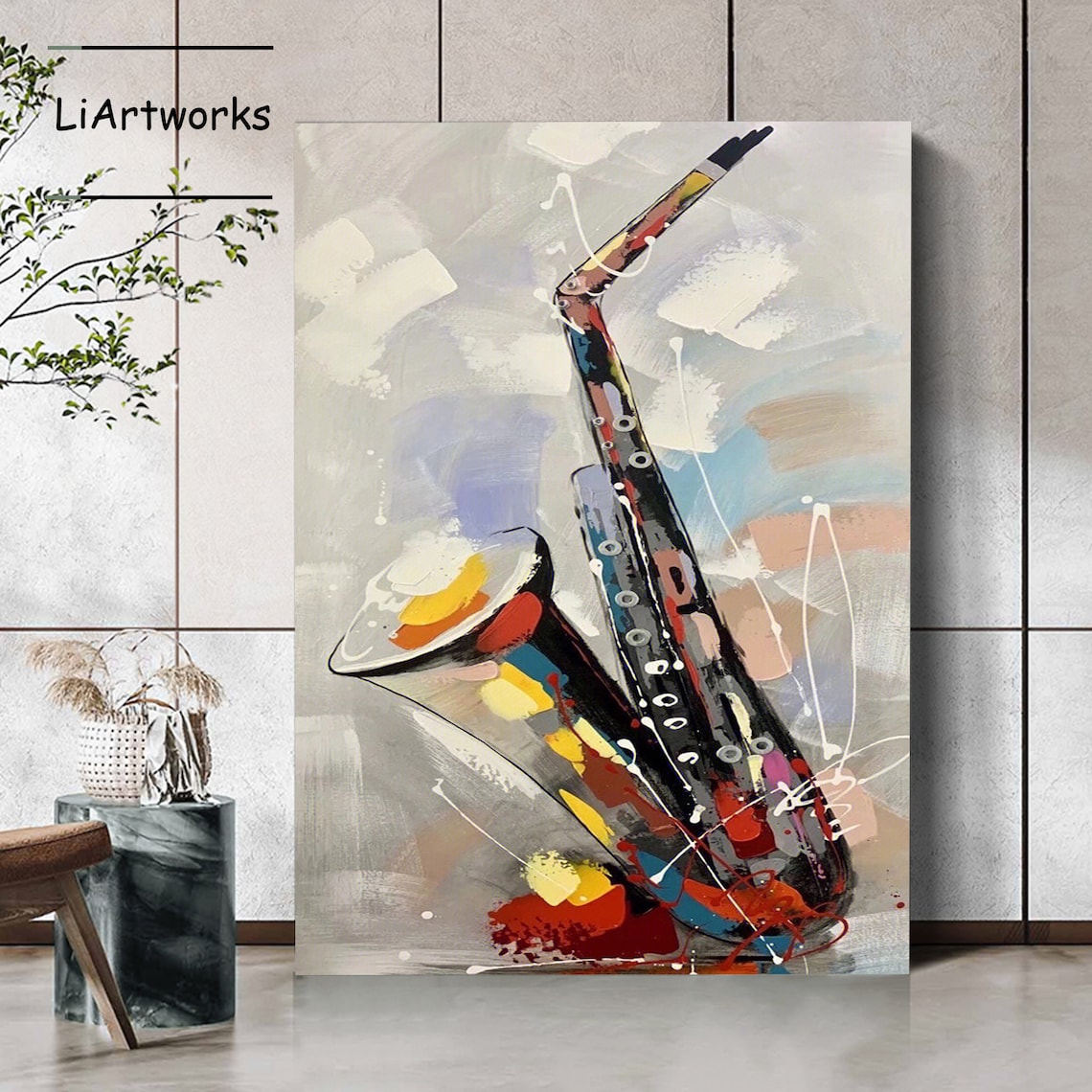 Abstract Colorful Saxophone Jazz Instrument Painting Bold Music Poster - Image 2
