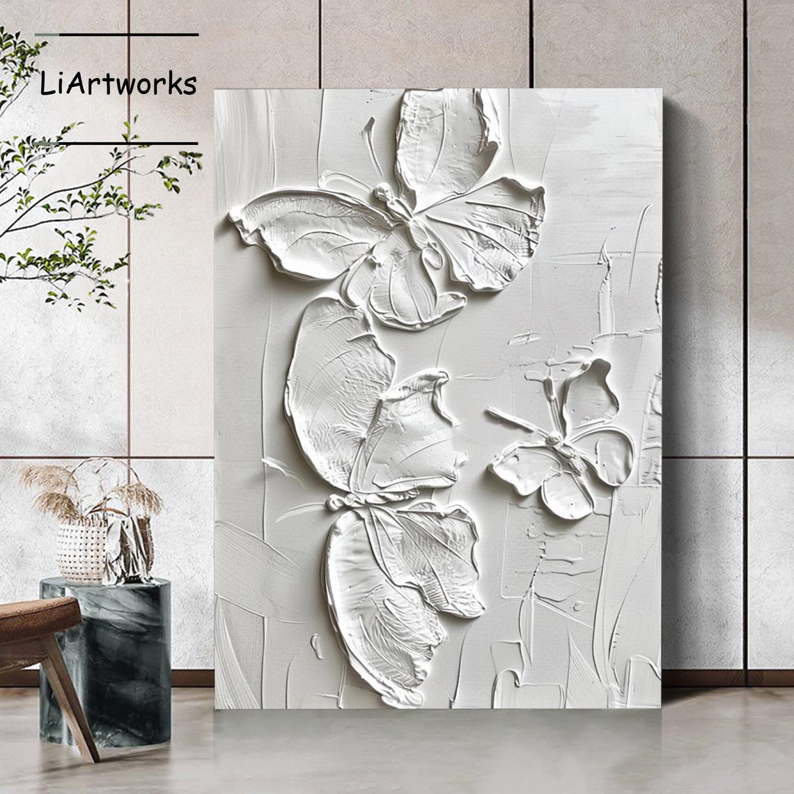 Three White Butterflies 3D Textured Sculptural Relief Poster - Image 2