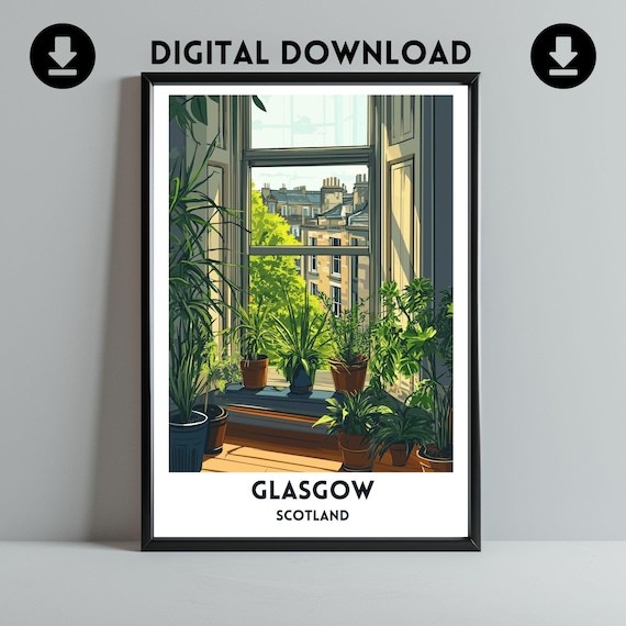 Glasgow Tenement Bay Window Greenery Art Print Scottish City Travel Poster Cityscape Wall Home Gift