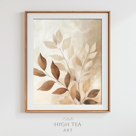 Neutral Beige Botanical Leaves Painting Japandi Minimalist Art Print