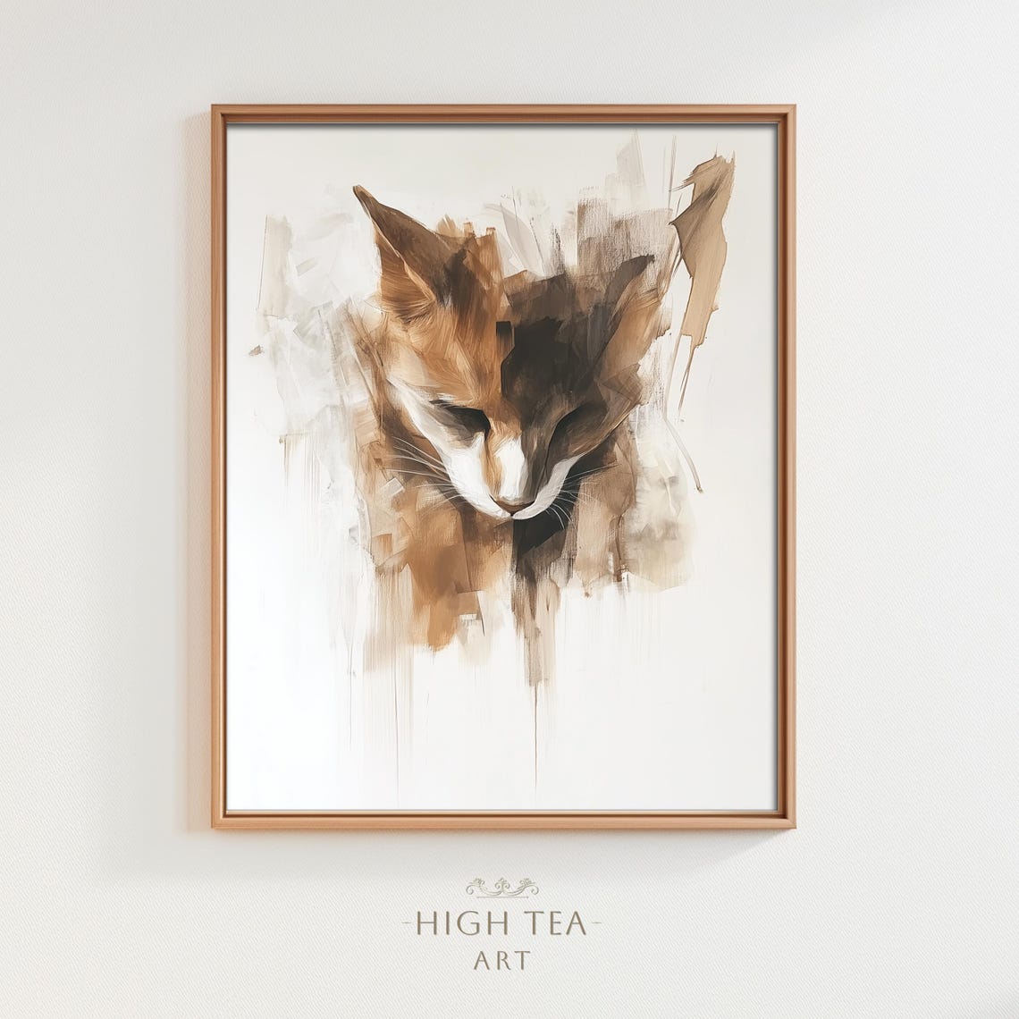 Abstract Brown Cat Portrait Minimalist Brushstroke Animal Wall Art