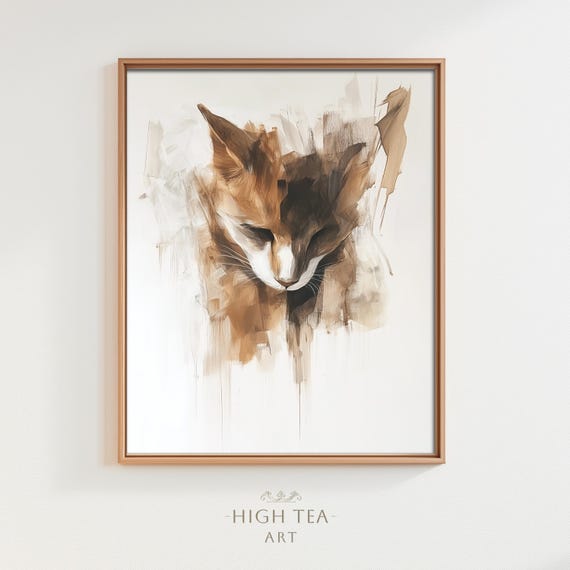 Abstract Minimalist Cat Japandi Art Oil Painting Print Neutral Tones Muted Animal Portrait Headshot Hta207