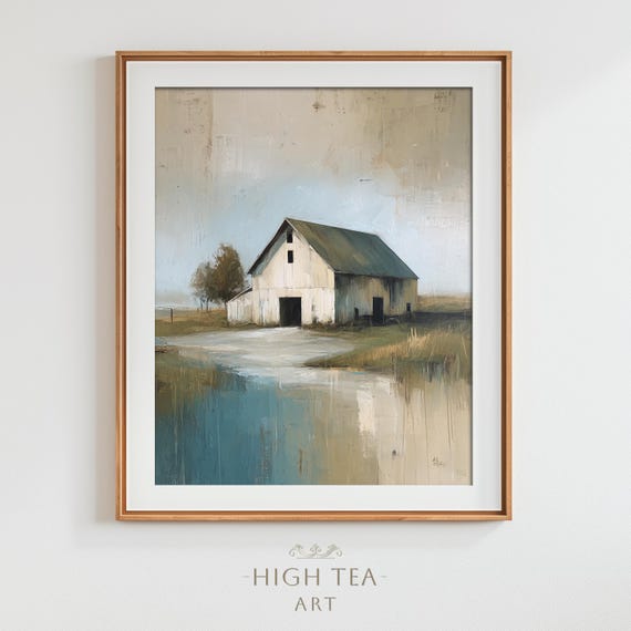 Vintage White Barn Oil Painting Art Print Country Landscape Pond Rustic Farmhouse Neutral Wall Decor Hta369