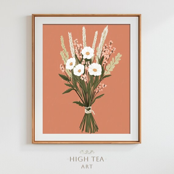 Vintage Flowers Bouquet Illustration Art Print Daisies Greenery Botanical Watercolor Painting Hta312