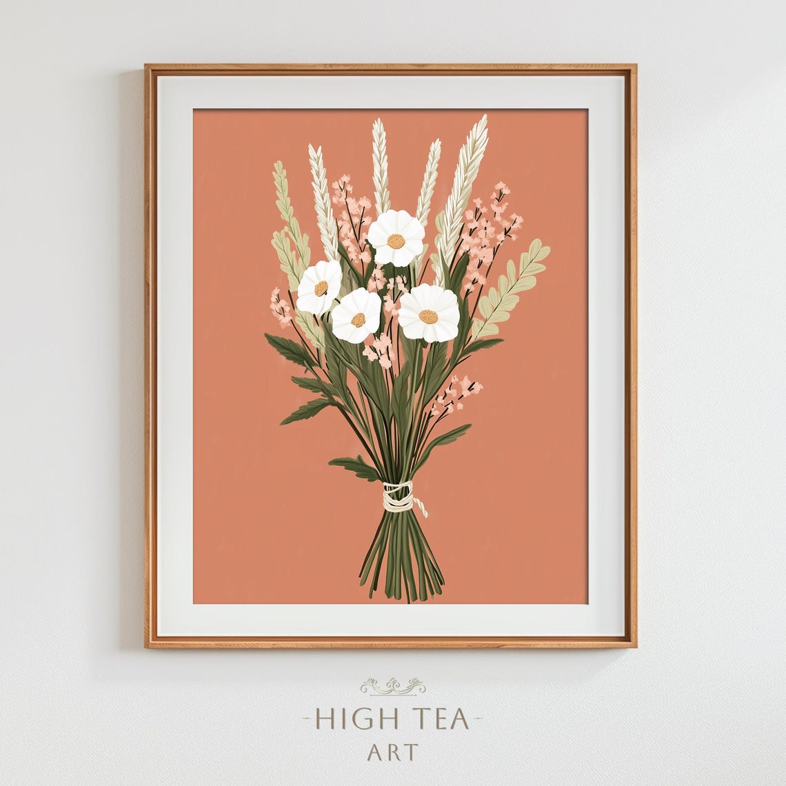 White Daisies Bouquet Terracotta Background Floral Illustration Poster