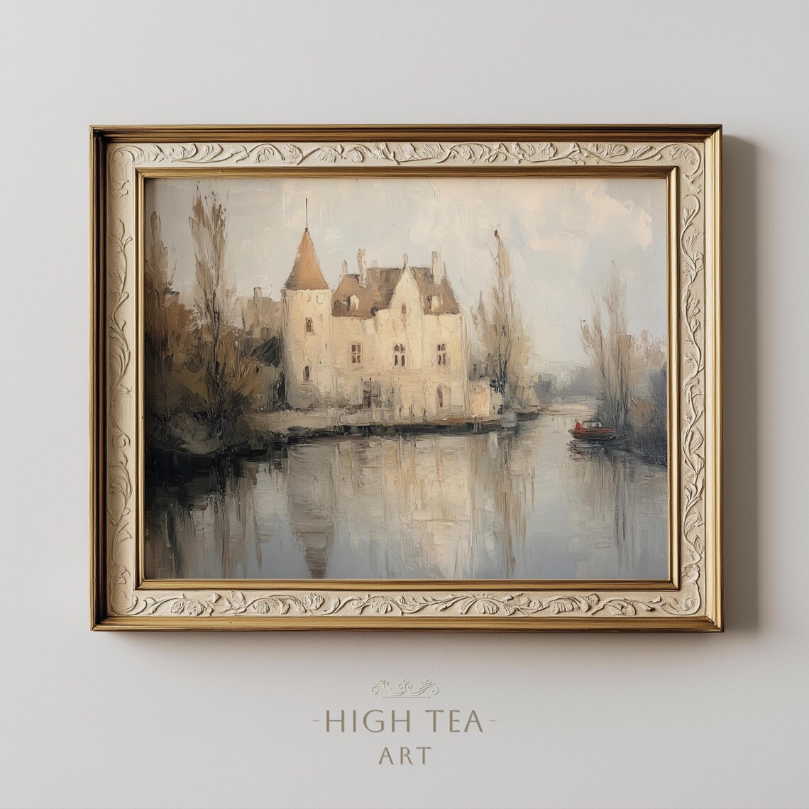 Vintage Chateau Oil Painting Art Print, Lakeside Manor