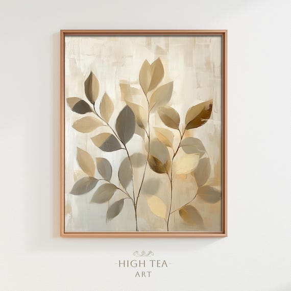 Botanical Japandi Style Autumn Leaves Oil Painting Neutral Muted Abstract Branches Art Foliage Print Hta178