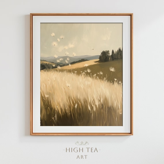 Golden Wheat Field Dandelion Meadow Vintage Oil Painting Print