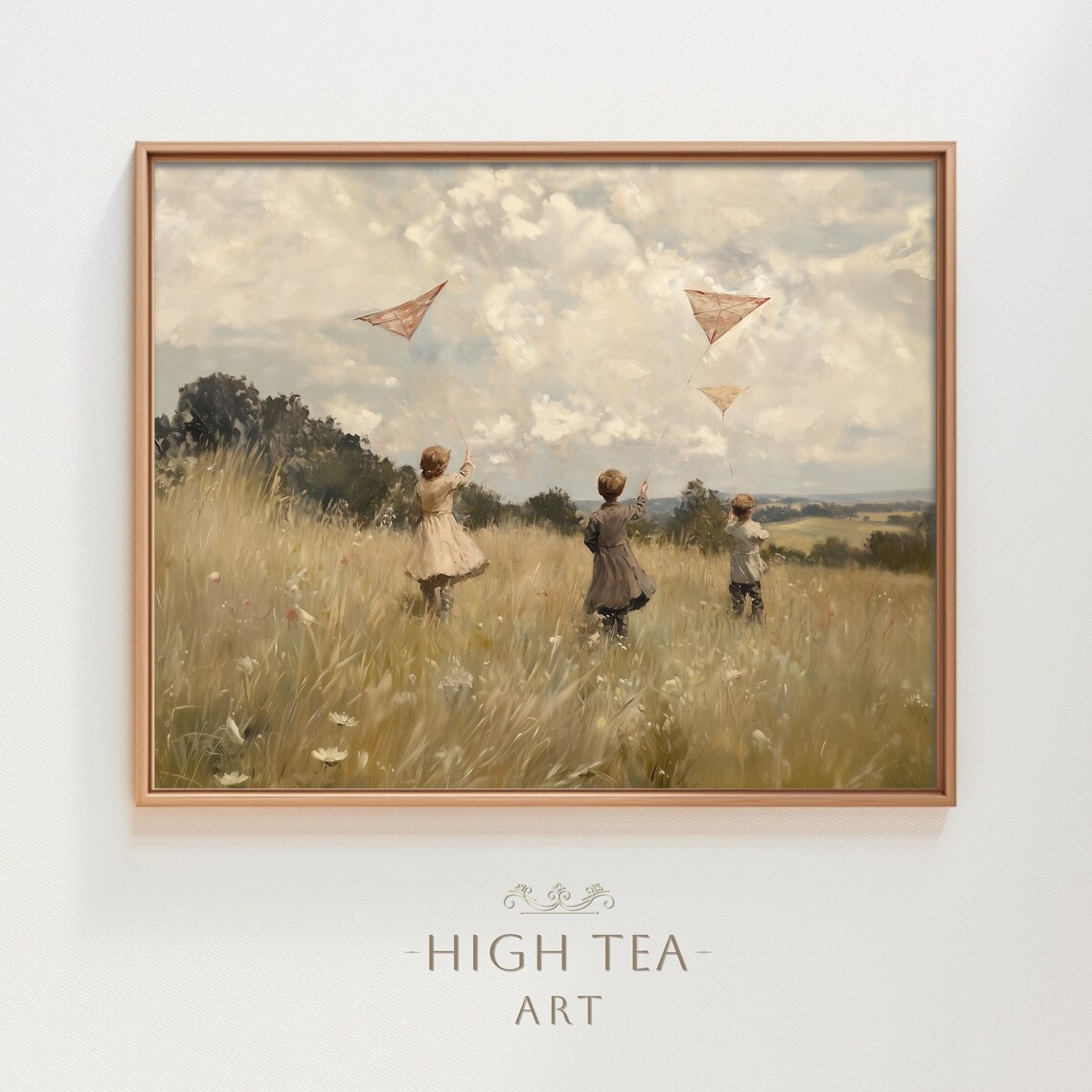 Children Flying Kites Golden Field Vintage Nostalgic Oil Painting Poster