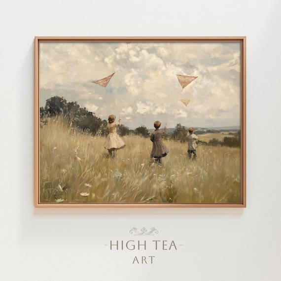 Children Flying Kites Golden Field Vintage Nostalgic Oil Painting Poster