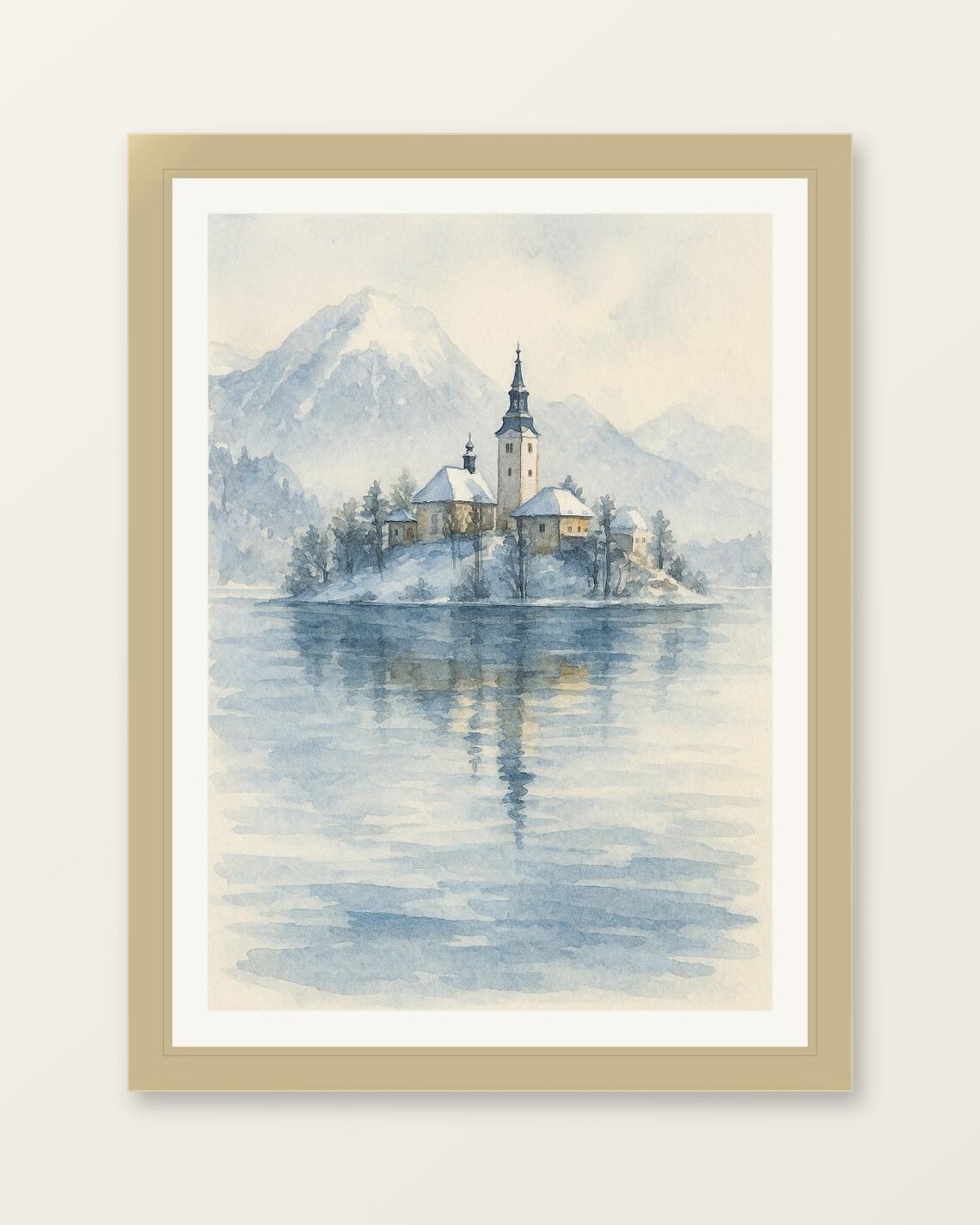 Lake Bled Winter Snowy Island Church Slovenia Watercolor Poster