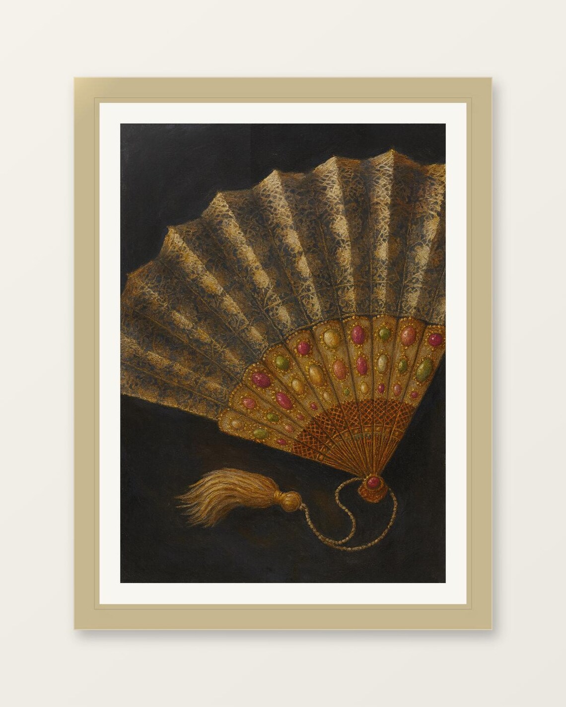 Vintage Jeweled Lace Hand Fan Still Life Art Print with Tassel Dark Background