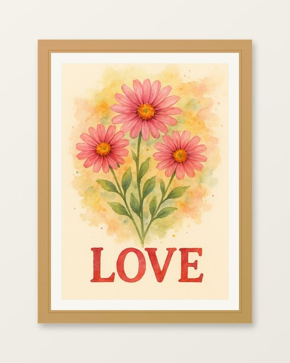 Love Pink Daisy Watercolor Floral Botanical Nursery Wall Poster