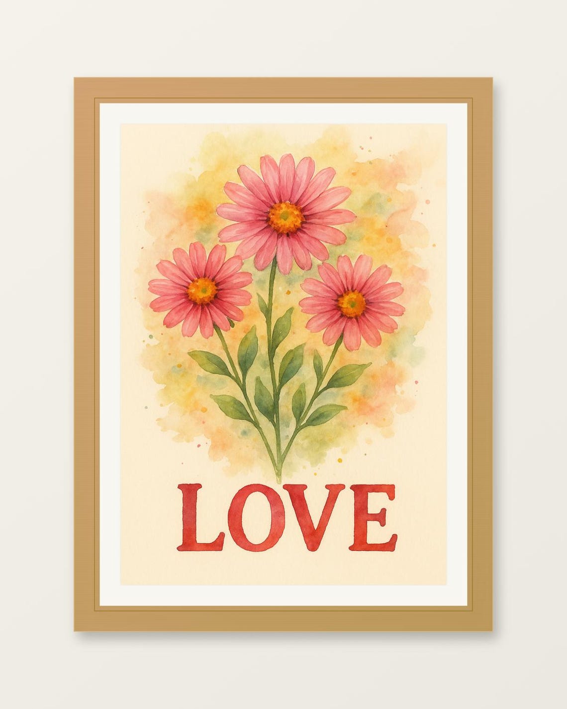 Love Pink Daisy Watercolor Floral Botanical Nursery Wall Poster