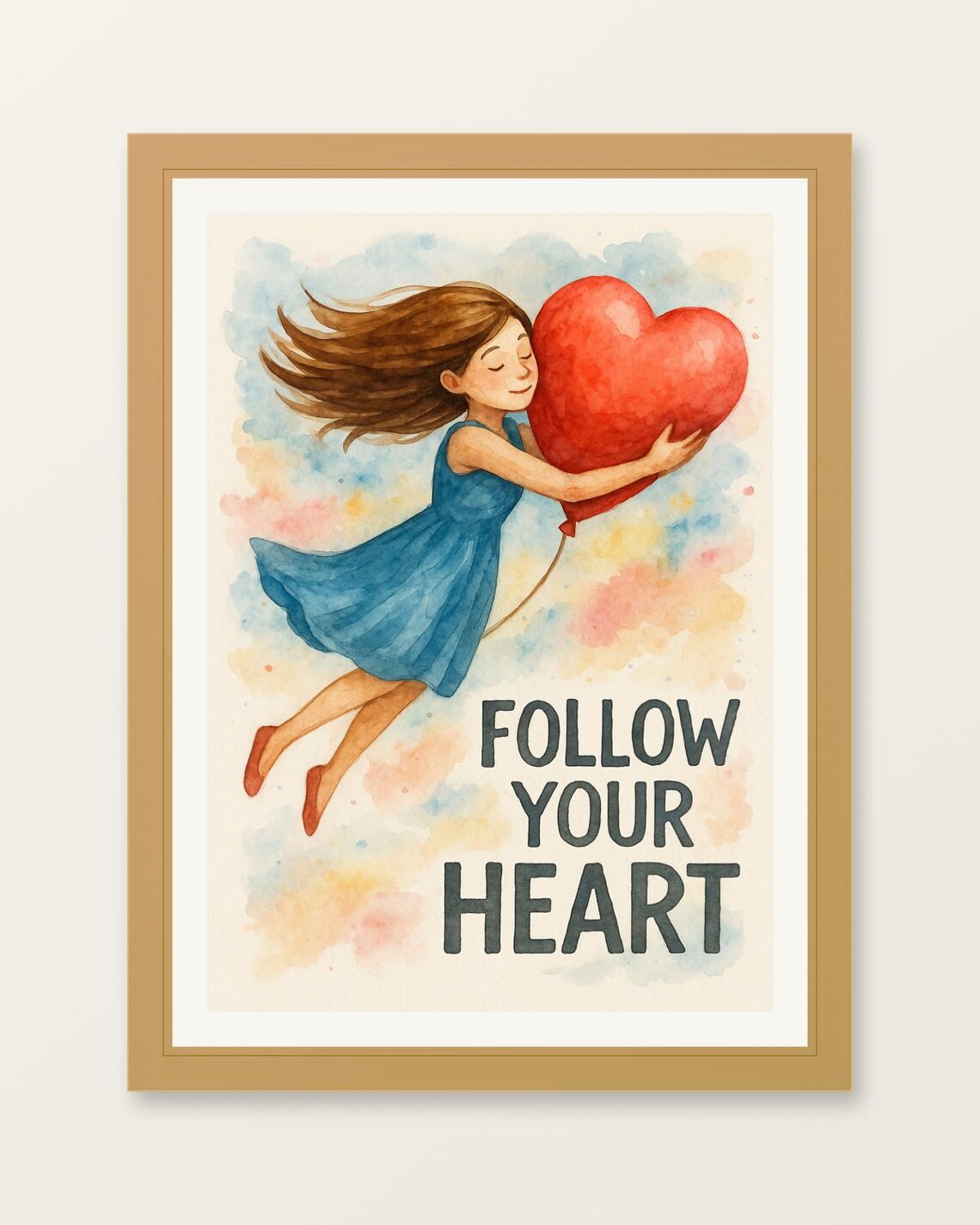 Follow Your Heart Girl Red Balloon Watercolor Dreamy Wish Poster