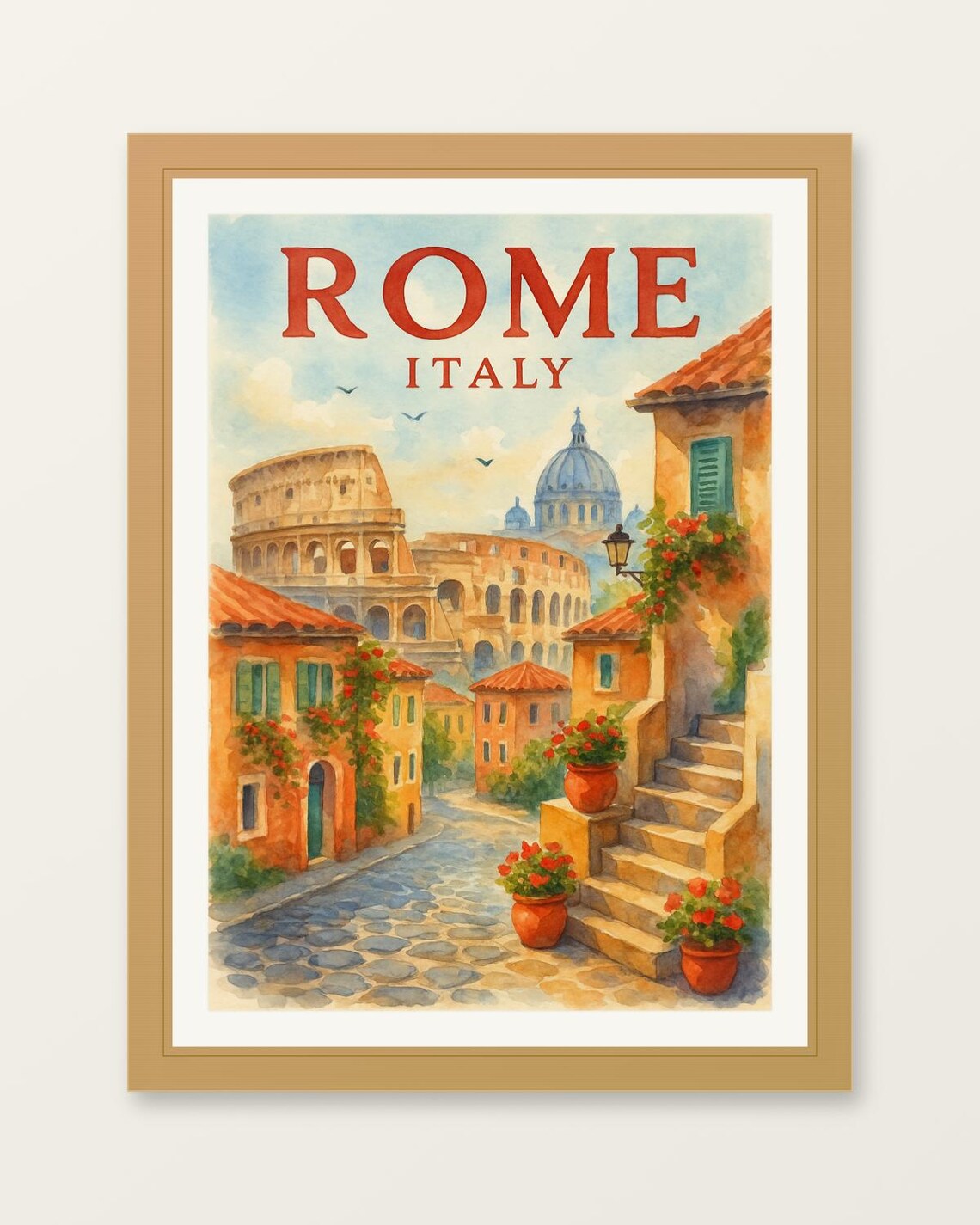 Rome Italy Colosseum Cobblestone Street Watercolor Travel Poster