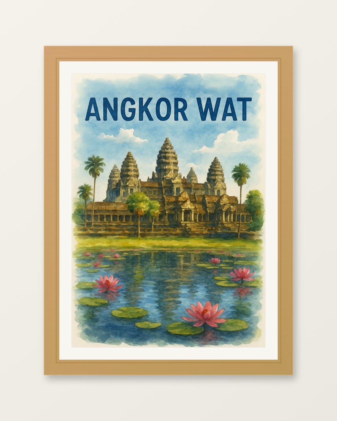 Angkor Wat Temple Watercolor Lotus Pond Cambodia Travel Art Print