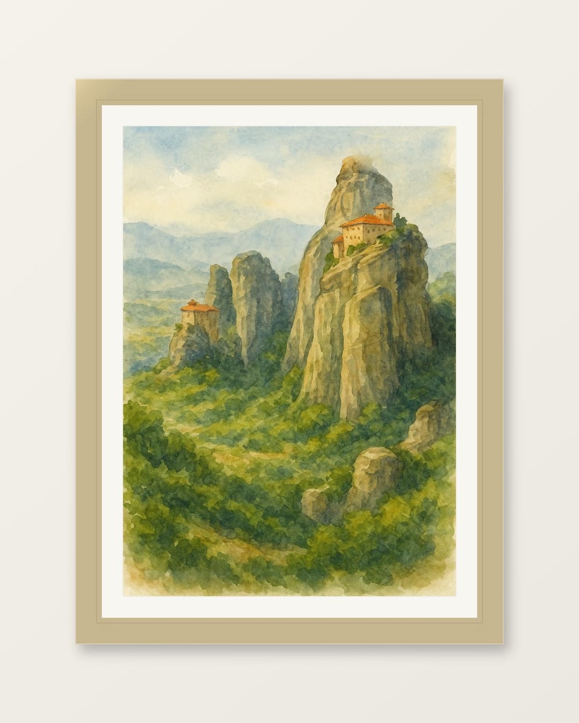 Meteora Greece Monastery On Rock Pillars Watercolor Travel Poster