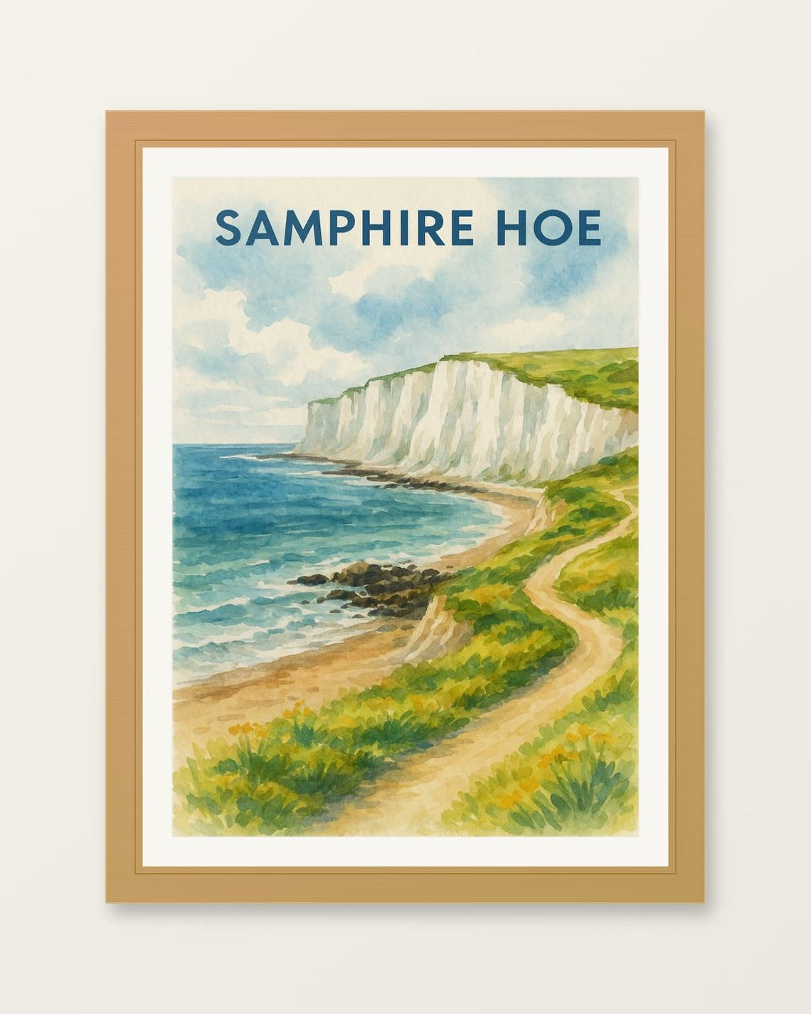 Samphire Hoe White Chalk Cliffs Watercolor Coastal Travel Poster