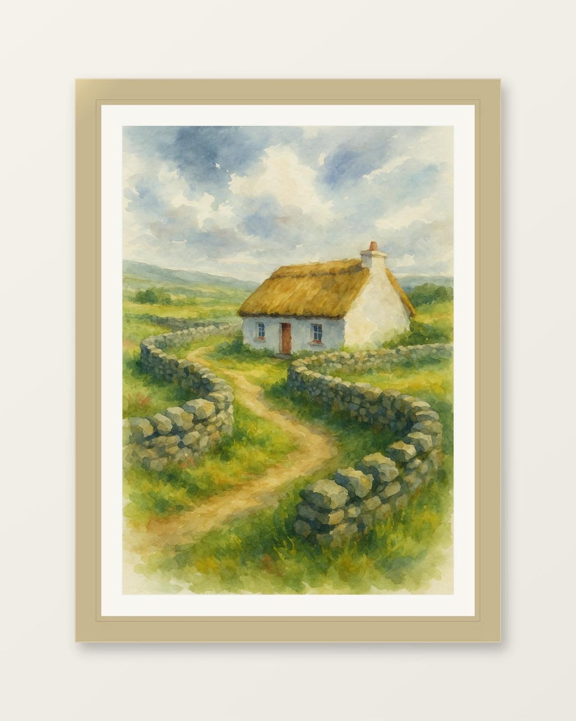 Aran Islands Ireland Thatched Cottage Stone Wall Pasture Poster