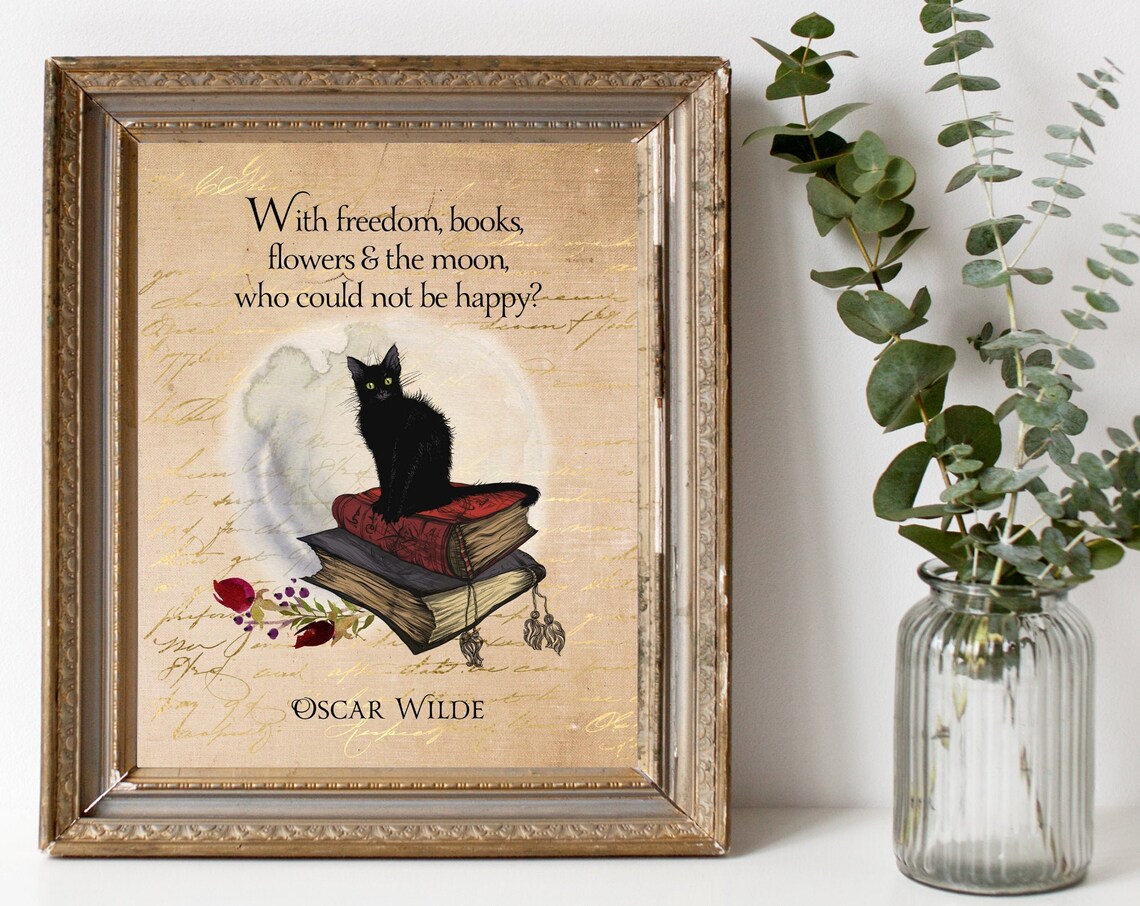 Oscar Wilde Quote Art Print, Books, Flowers and Moon - Image 2