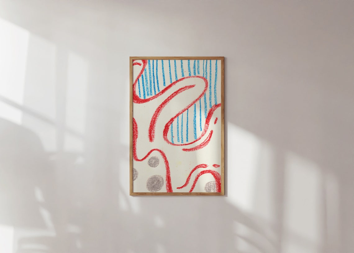 Squiggle Crayon Abstract Red Blue Lines Modern Art Wall Poster