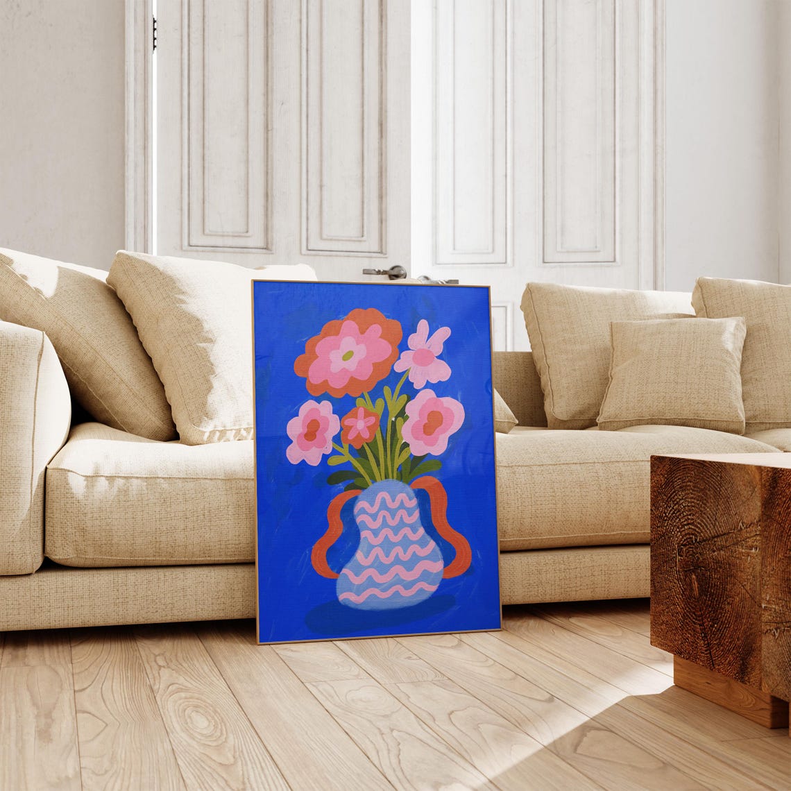 Colorful Gouache Flower Vase Bold Blue Floral Painting Poster