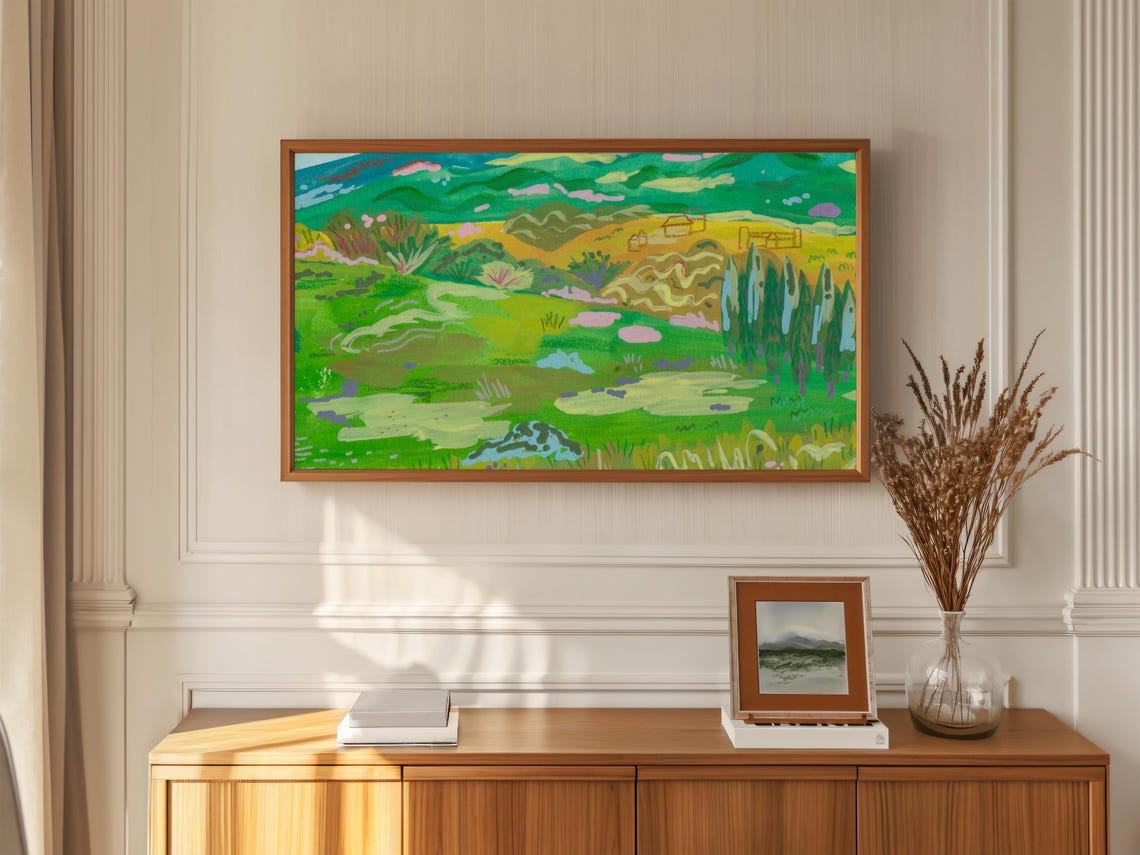 Green Rolling Hills Meadow Landscape Painting Cypress Trees Poster
