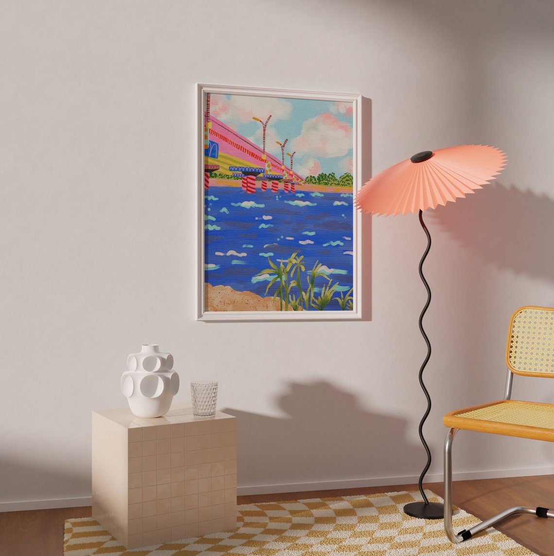 Colorful Waterfront Bridge Painting Vibrant Summer Seascape Poster