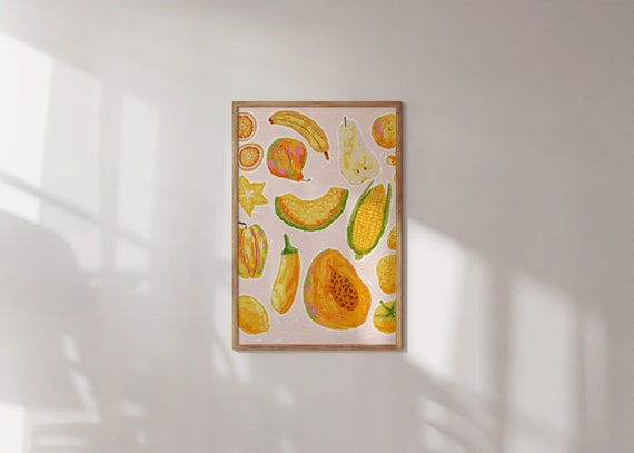 Yellow Fruits Vegetables Illustration Kitchen Art Print