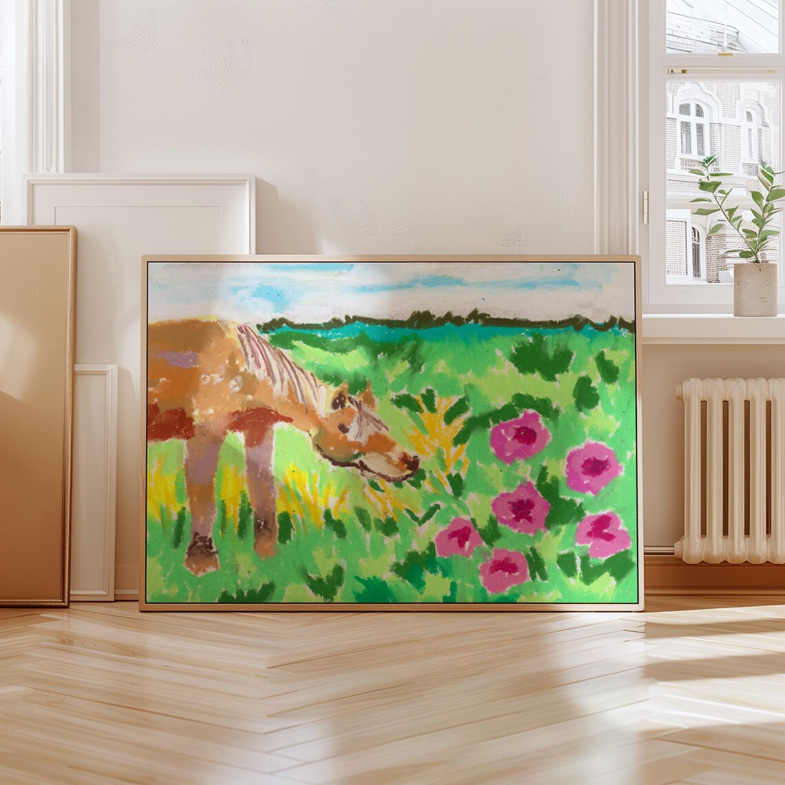 Grazing Horse Pink Flowers Folk Art Painting Colorful Animal Print