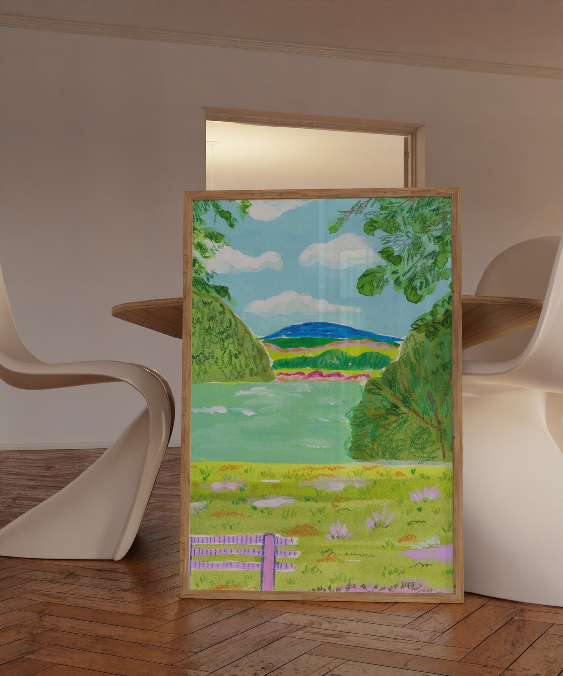Mountain Lake View Gouache Landscape Art Print