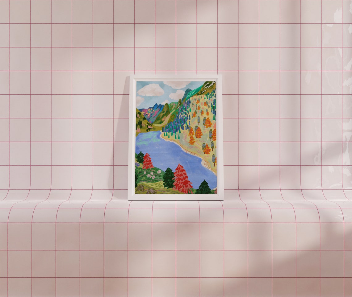 Colorful Mountain Lake Illustrated Landscape Vibrant Nature Art Print