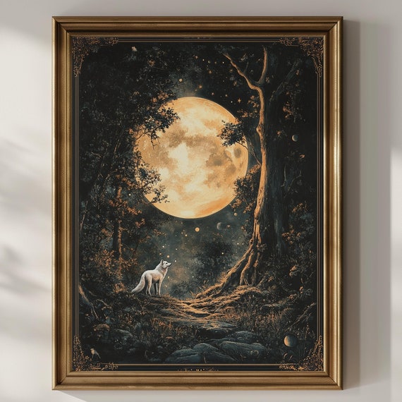 White Wolf Wall Art Full Moon Wildflower Witchy Occult Dark Academia Artwork Modern Art Deco Vintage Wall Decor