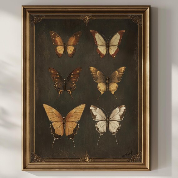 Six Neutral Butterflies on Dark Vintage Entomology Study Poster
