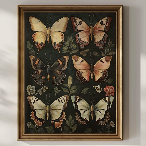 Butterfly Wall Art Moths Botanical Wildflower Dark Academia Artwork Vintage Artful Trendy Wall Decor Gift Idea