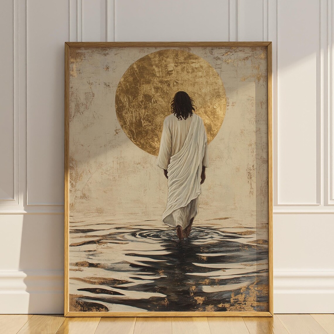 Jesus Christ Walking on Water Toward Golden Sun Serene Faith Poster