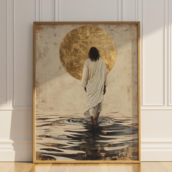 Jesus Christ Walking on Water Toward Golden Sun Serene Faith Poster