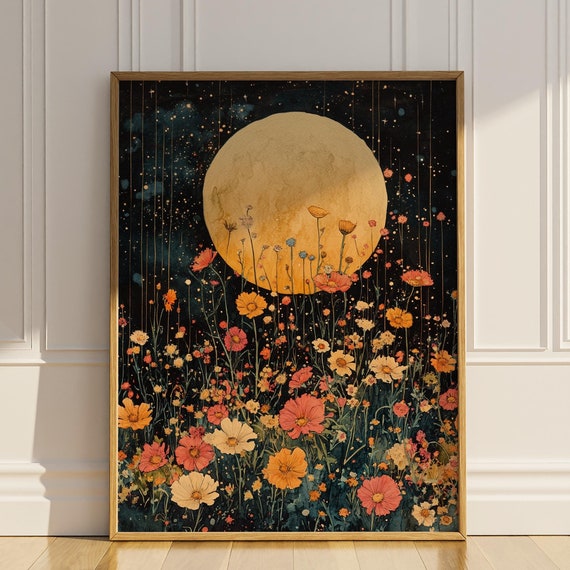 Celestial Wildflower Poster Print Floral Wall Art Full Moon Modern Painting Trendy Artful Wall Decor Gift Idea Boho Style Print Matte Poster