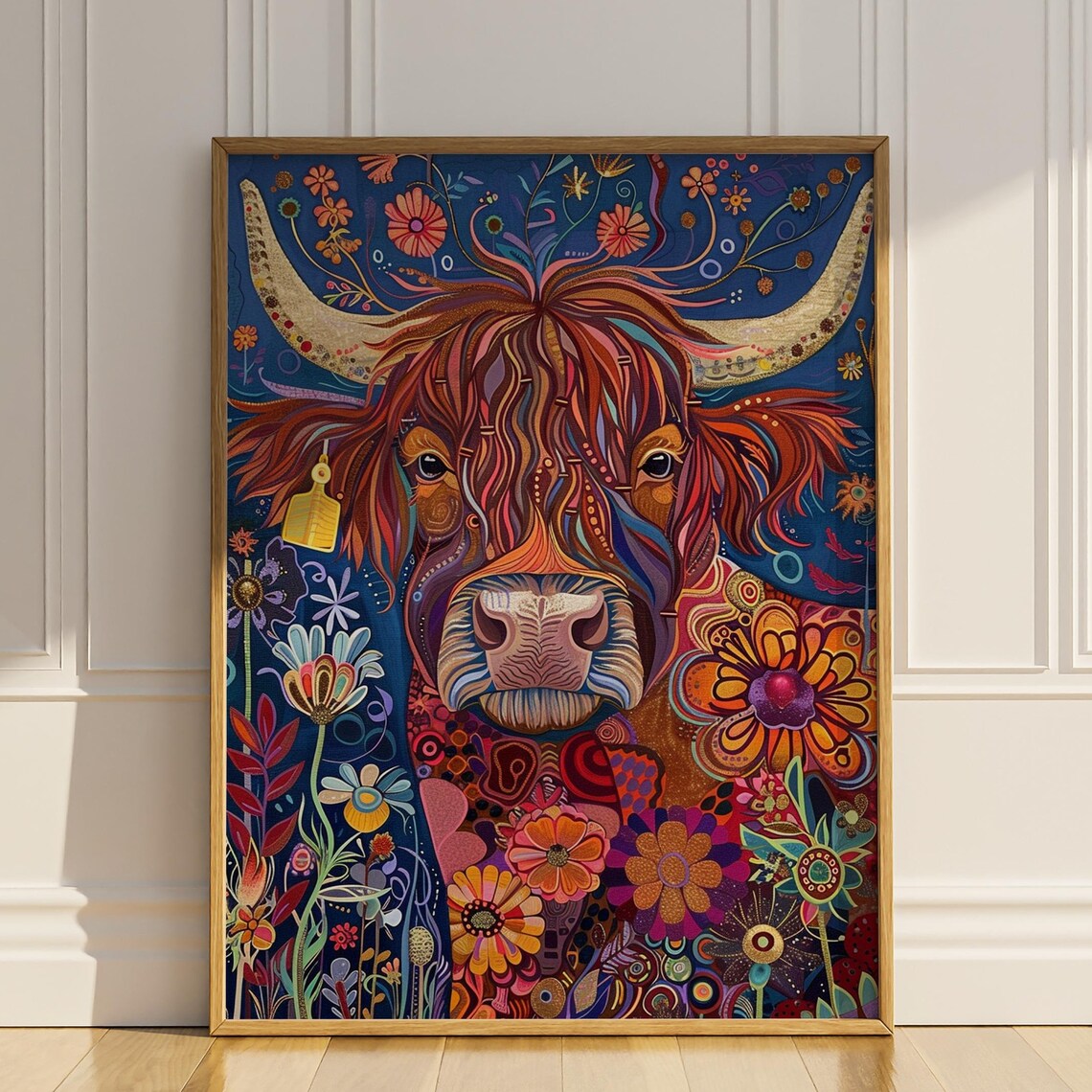 Vibrant Folk Art Highland Cow Portrait on Deep Blue Floral Poster