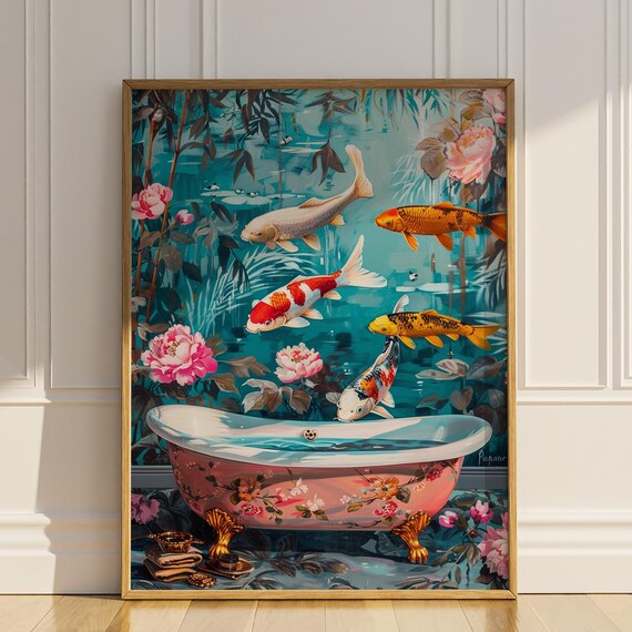 Koi Fish Bathroom Print Poster Japanese Koi In Bathtub Wall Art Koi Lover Gift Idea Modern Surreal Colorful Artwork Wall Decor Matte Poster