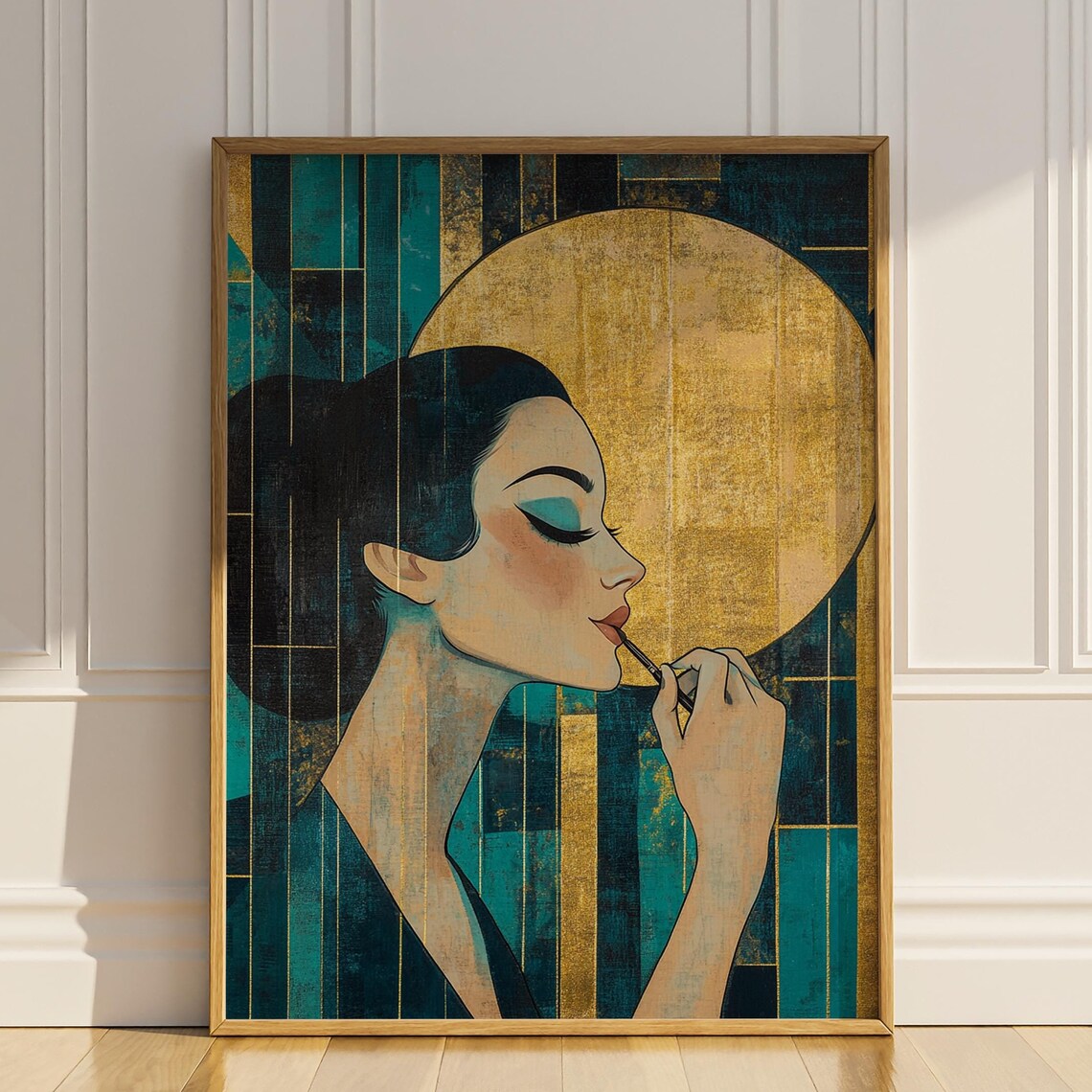 Art Deco Woman Applying Lipstick Under Golden Moon Portrait Poster